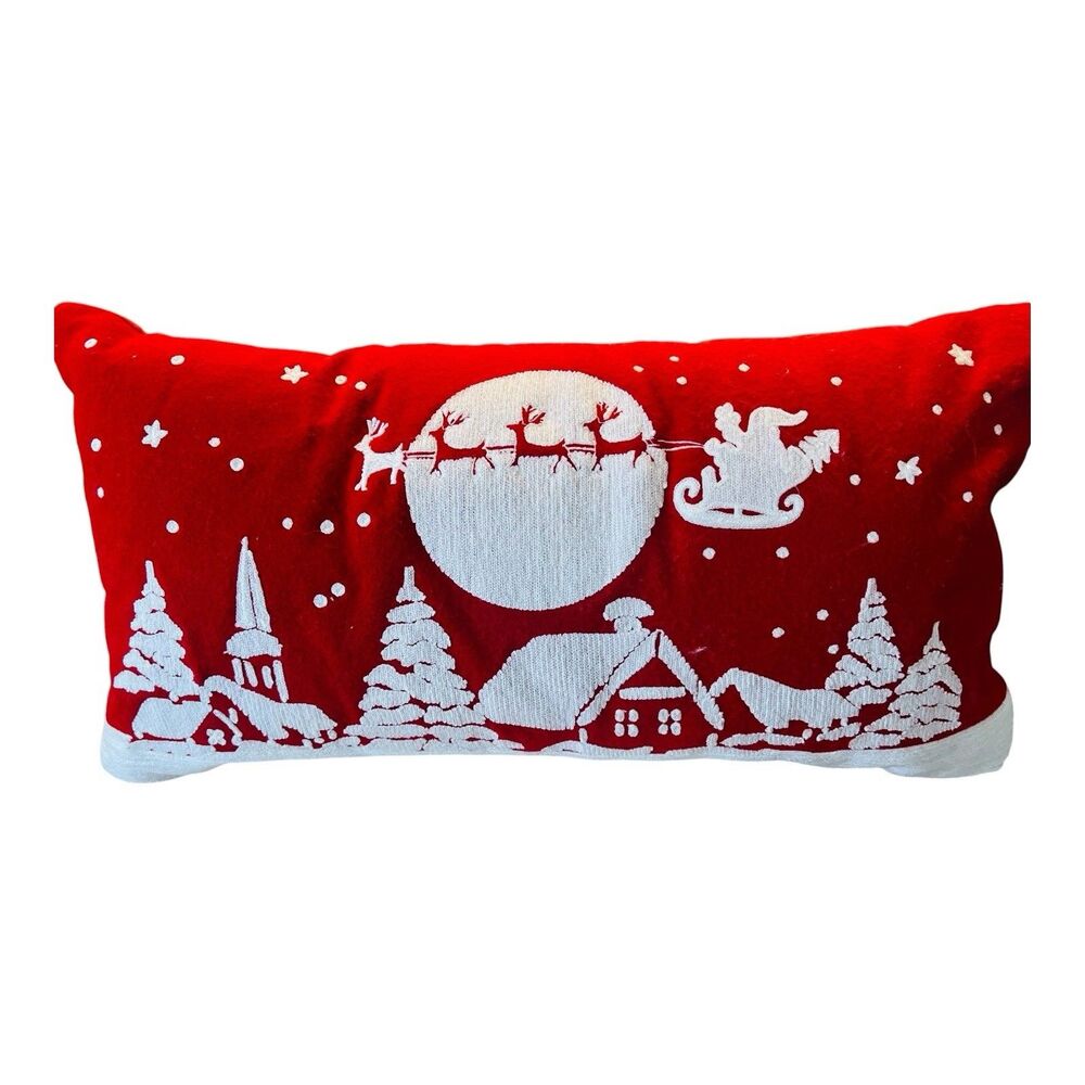 Santa Sleigh Reindeer Christmas Pillow Red White Winter Village 14x20